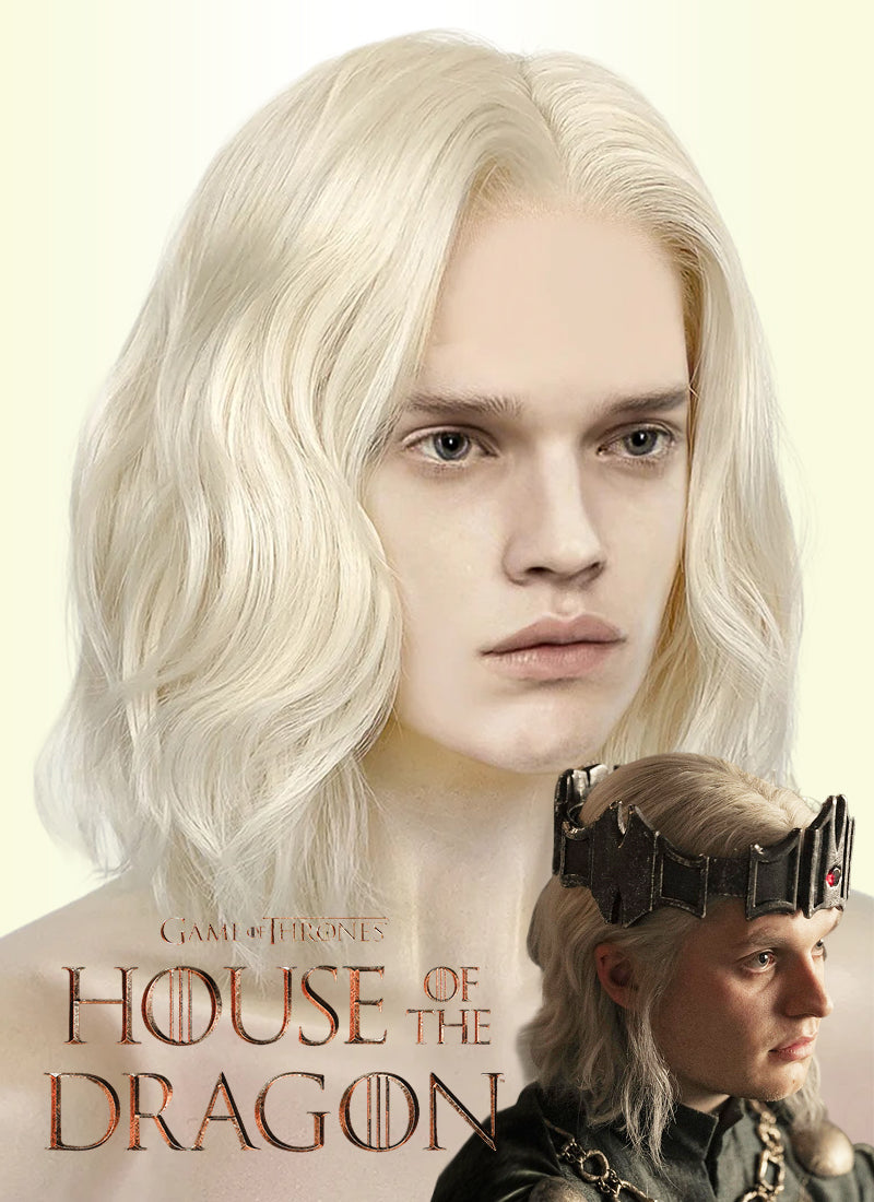 House of the Dragon King Aegon ll Targaryen Wavy Platinum Blonde Lace Front Synthetic Men's Wig LFK5561