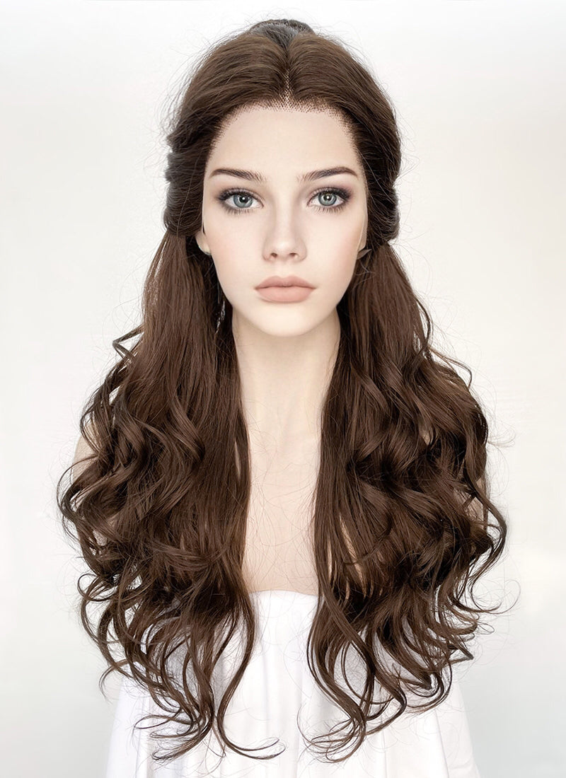 Disney Beauty and the Beast Belle Long Wavy Dark Brown Braided Lace Front Synthetic Hair Wig LF2028