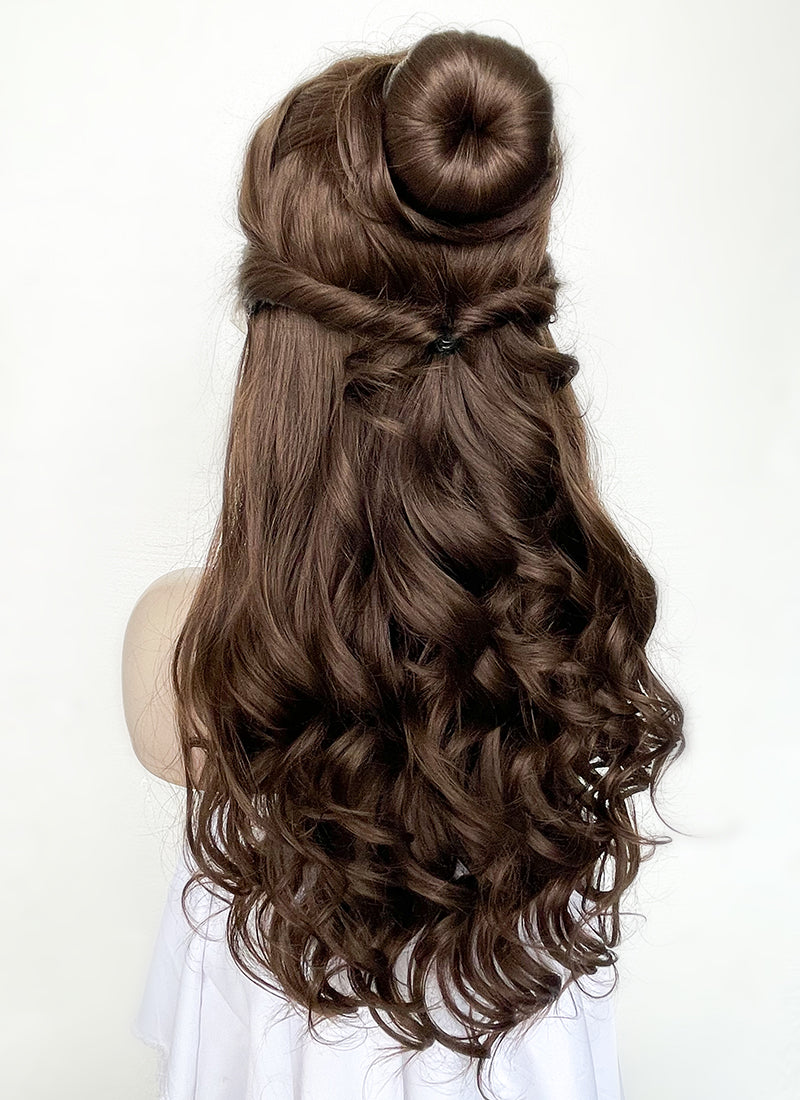 Disney Beauty and the Beast Belle Long Wavy Dark Brown Braided Lace Front Synthetic Hair Wig LF2028
