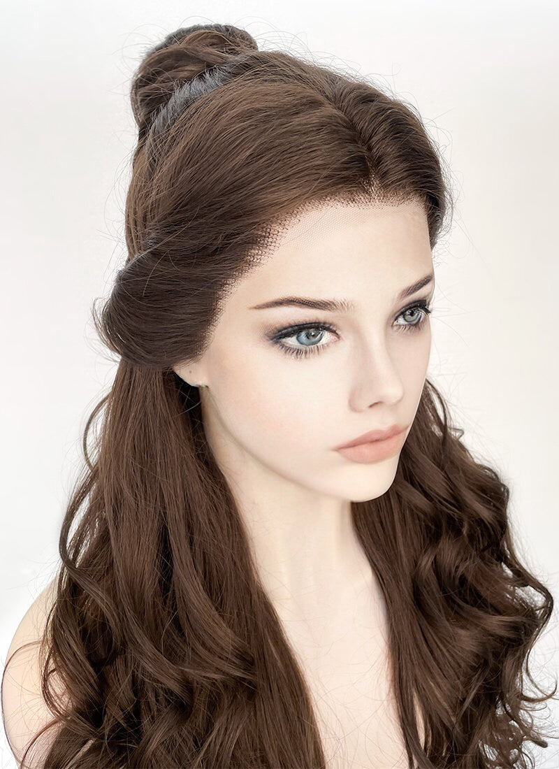 Disney Beauty and the Beast Belle Long Wavy Dark Brown Braided Lace Front Synthetic Hair Wig LF2028