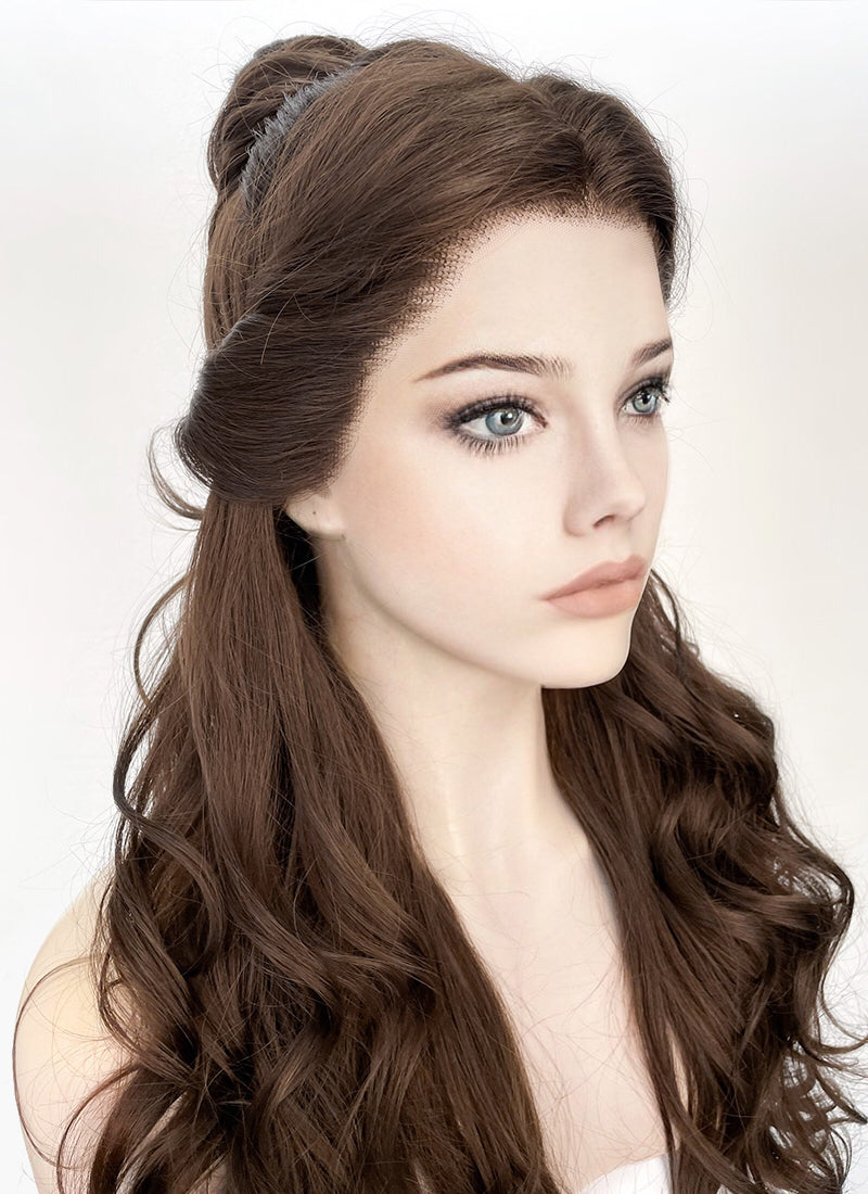 Disney Beauty and the Beast Belle Long Wavy Dark Brown Braided Lace Front Synthetic Hair Wig LF2028