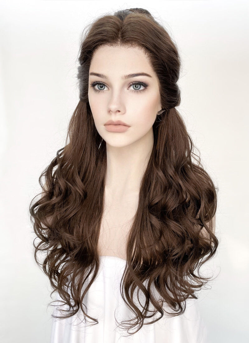 Disney Beauty and the Beast Belle Long Wavy Dark Brown Braided Lace Front Synthetic Hair Wig LF2028