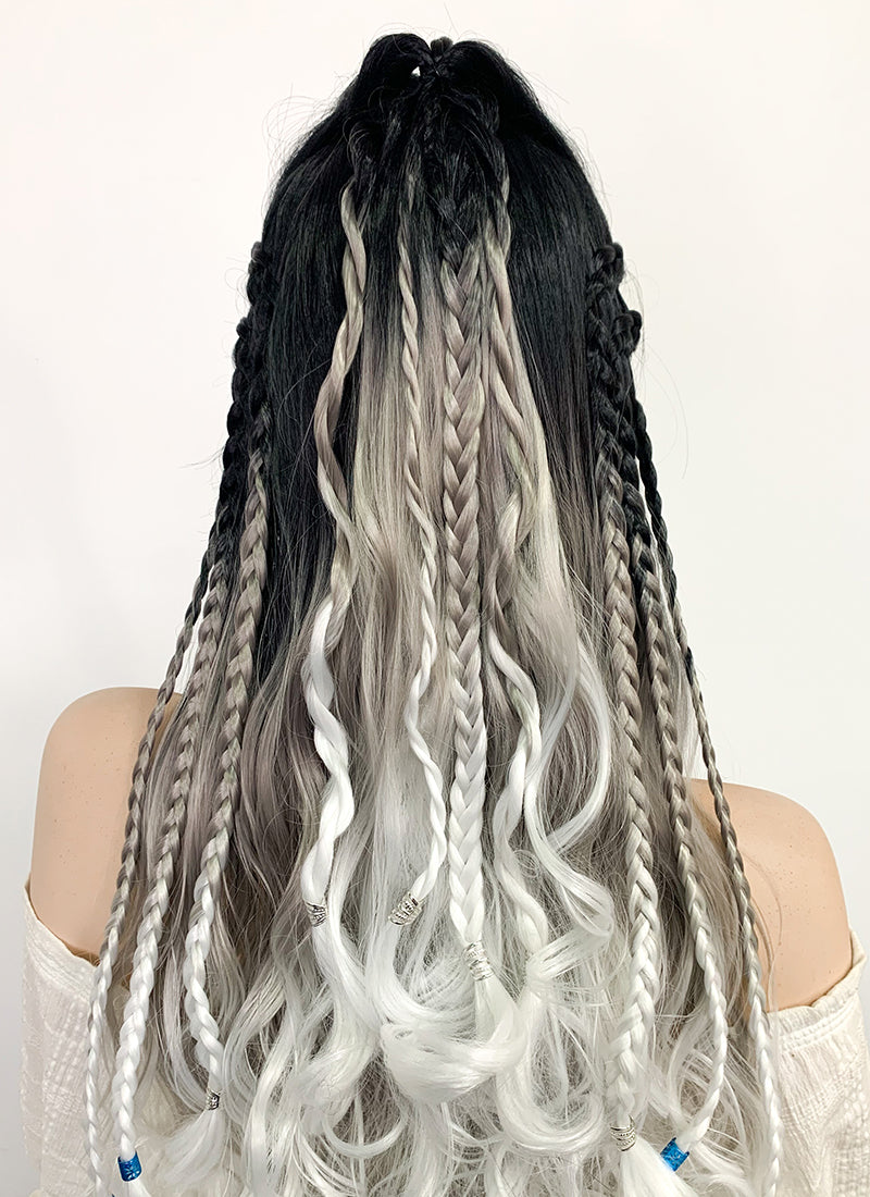 Critical Role Yasha Nydoorin Black Grey White Ombre Braided Lace Front Synthetic Wig LF2121