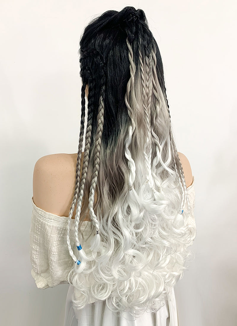 Critical Role Yasha Nydoorin Black Grey White Ombre Braided Lace Front Synthetic Wig LF2121