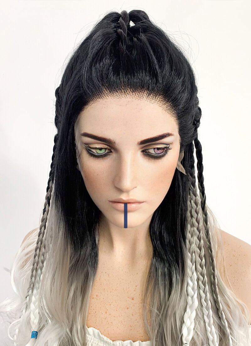 Critical Role Yasha Nydoorin Black Grey White Ombre Braided Lace Front Synthetic Wig LF2121