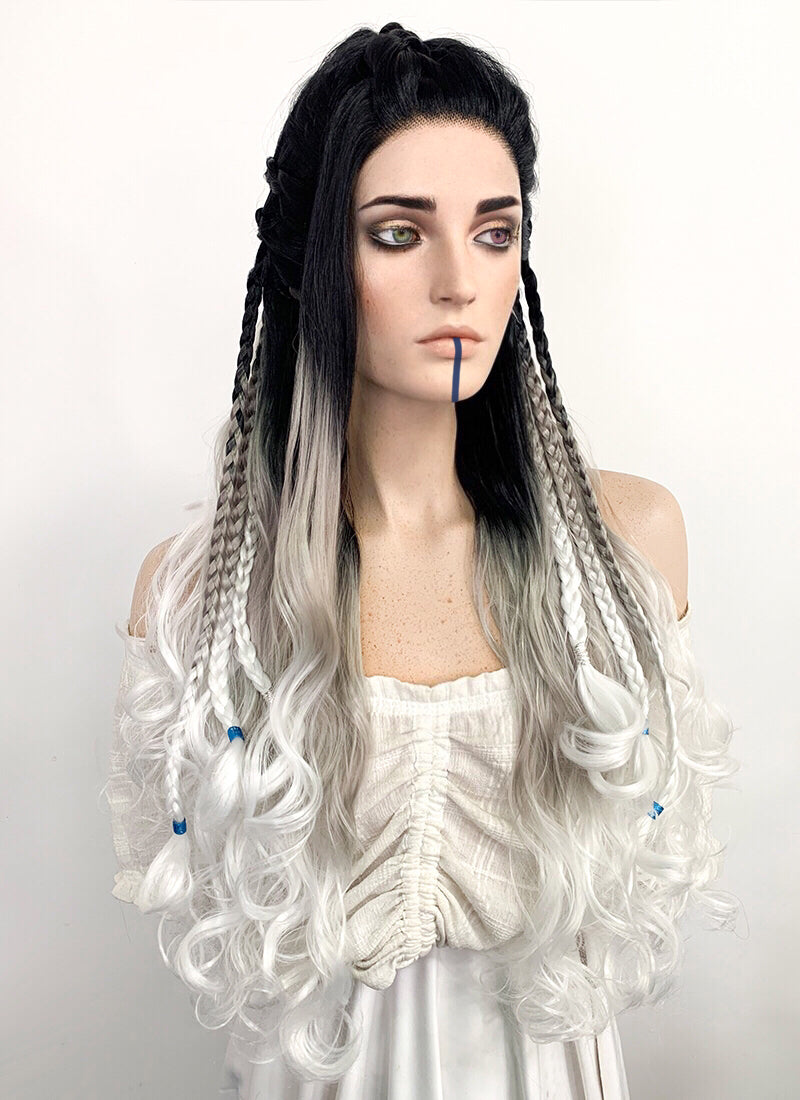 Critical Role Yasha Nydoorin Black Grey White Ombre Braided Lace Front Synthetic Wig LF2121