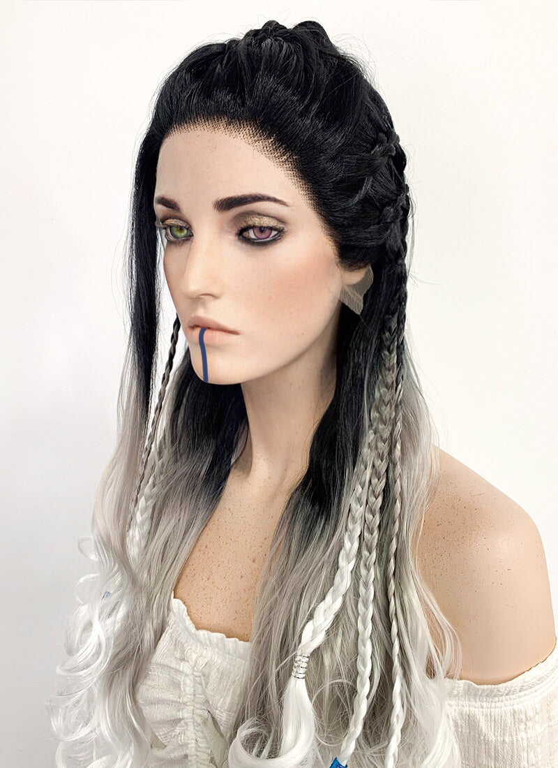 Critical Role Yasha Nydoorin Black Grey White Ombre Braided Lace Front Synthetic Wig LF2121