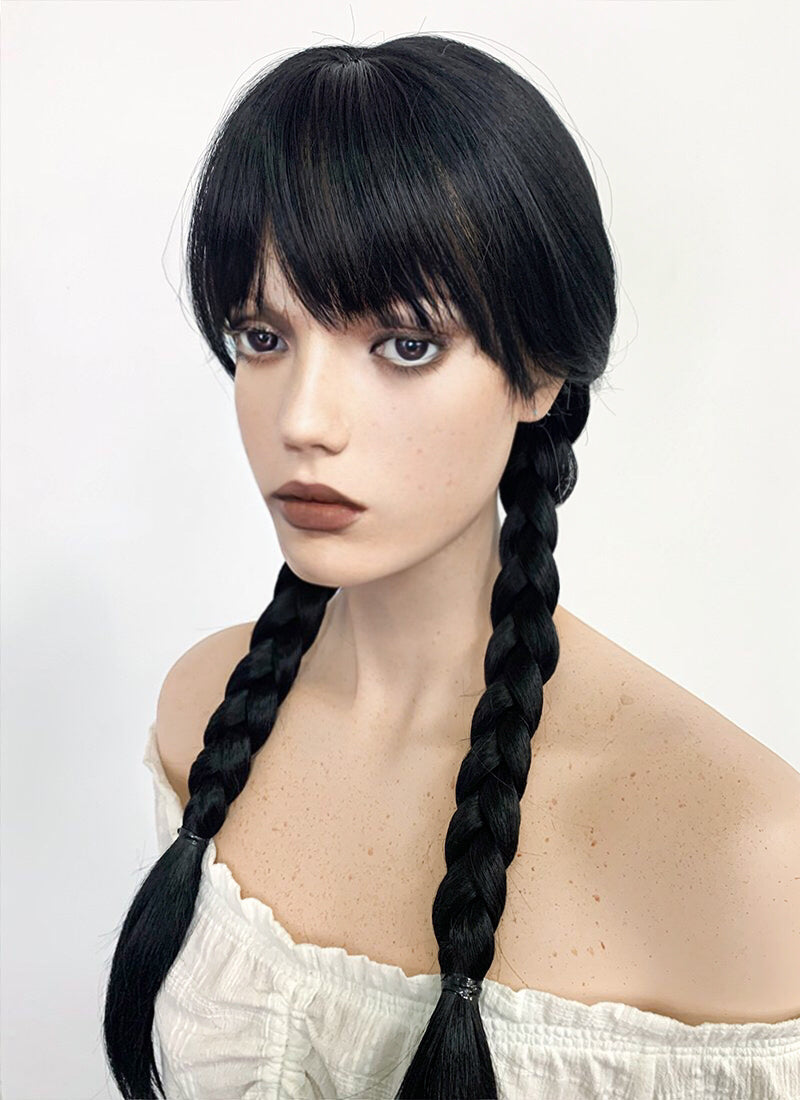 Wednesday Addams Long Straight Jet Black Braided Cosplay Wig TBZ871A