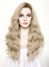 Long Wavy Ash Blonde With Brown Roots Lace Front Synthetic Hair Wig LFK5501