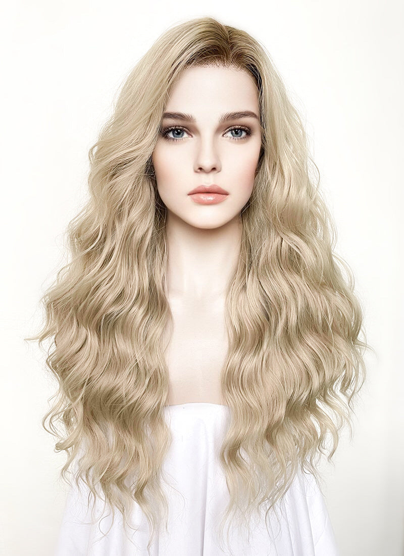 Long Wavy Ash Blonde With Brown Roots Lace Front Synthetic Hair Wig LFK5501