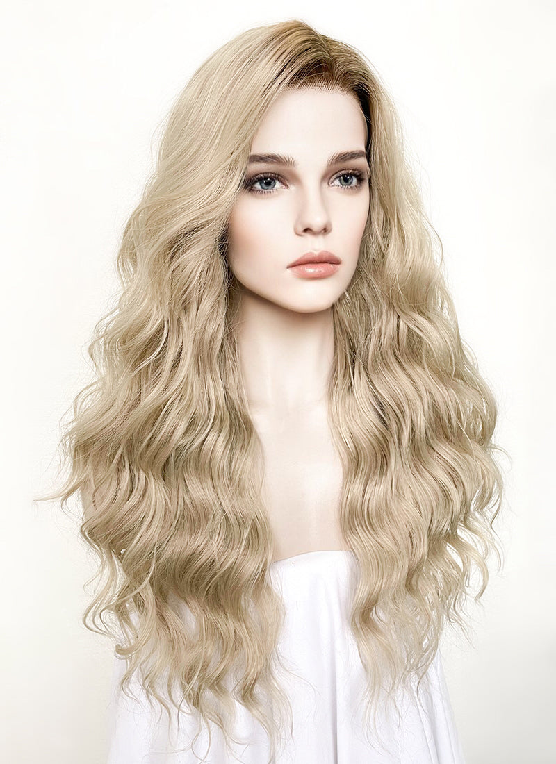 Long Wavy Ash Blonde With Brown Roots Lace Front Synthetic Hair Wig LFK5501