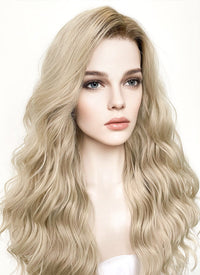 Long Wavy Ash Blonde With Brown Roots Lace Front Synthetic Hair Wig LFK5501