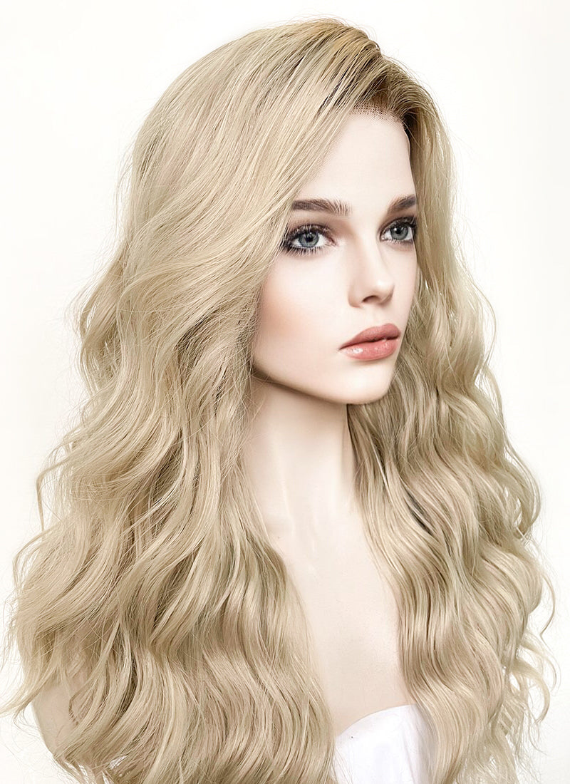 Long Wavy Ash Blonde With Brown Roots Lace Front Synthetic Hair Wig LFK5501
