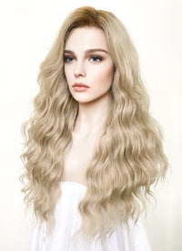 Long Wavy Ash Blonde With Brown Roots Lace Front Synthetic Hair Wig LFK5501