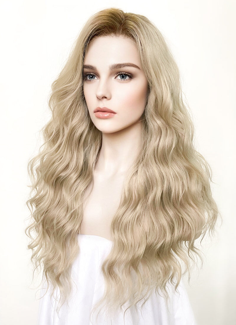 Long Wavy Ash Blonde With Brown Roots Lace Front Synthetic Hair Wig LFK5501