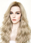 Long Wavy Ash Blonde With Brown Roots Lace Front Synthetic Hair Wig LFK5501
