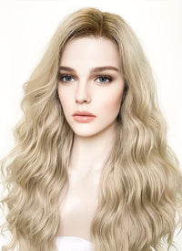 Long Wavy Ash Blonde With Brown Roots Lace Front Synthetic Hair Wig LFK5501