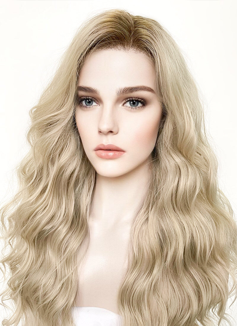 Long Wavy Ash Blonde With Brown Roots Lace Front Synthetic Hair Wig LFK5501
