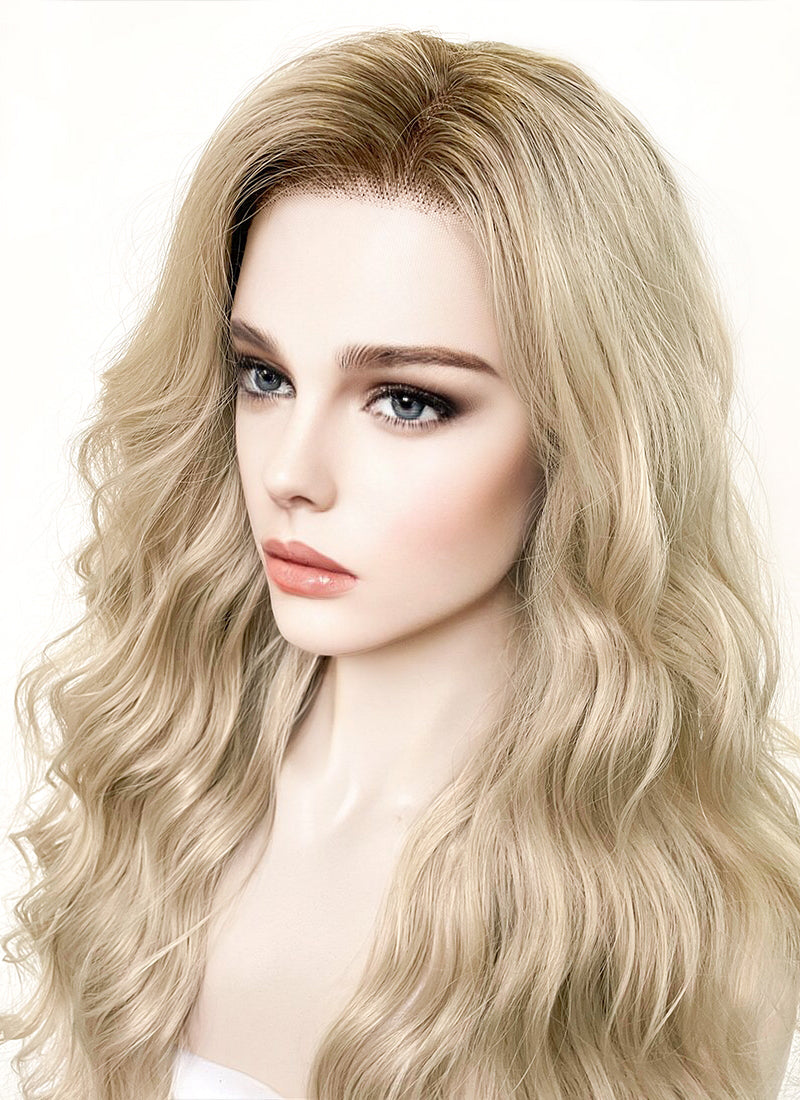 Long Wavy Ash Blonde With Brown Roots Lace Front Synthetic Hair Wig LFK5501