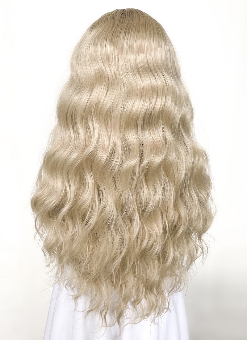 Long Wavy Ash Blonde With Brown Roots Lace Front Synthetic Hair Wig LFK5501