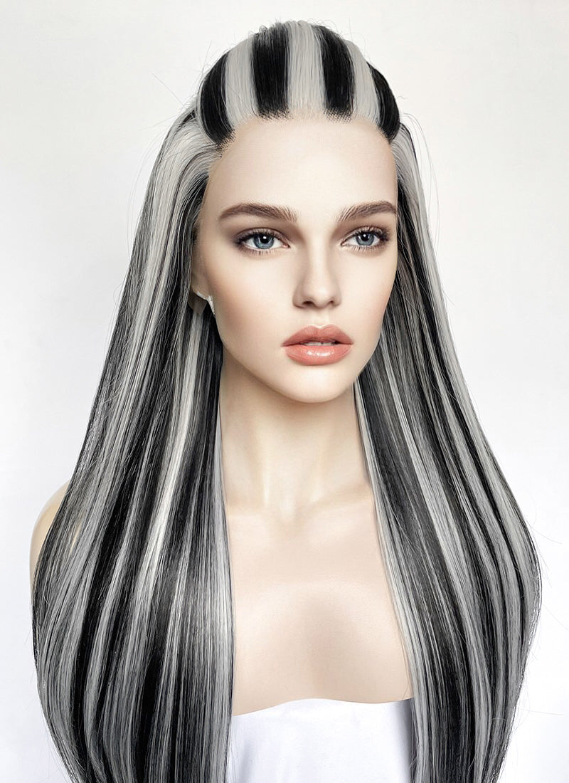 Monster High Frankie Stein Black With Silver Grey Highlights Lace Front Synthetic Wig LW4030