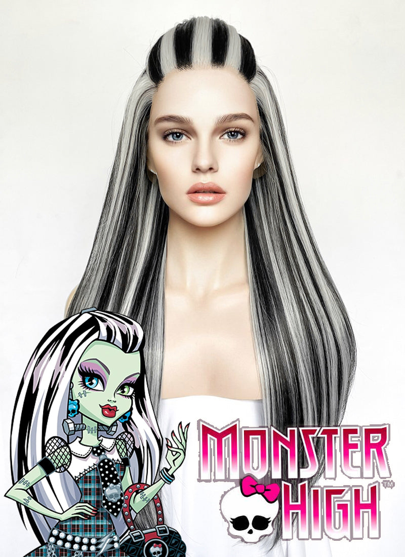 Monster High Frankie Stein Black With Silver Grey Highlights Lace Front Synthetic Wig LW4030