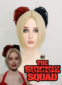 The Suicide Squad 2 Harley Quinn Short Blonde Red Black Ponytail Cosplay Wig ZB249