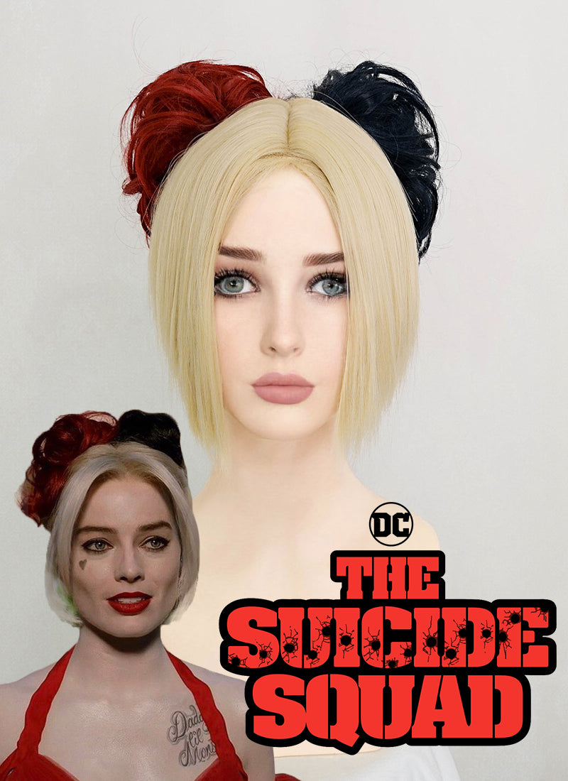 The Suicide Squad 2 Harley Quinn Short Blonde Red Black Ponytail Cosplay Wig ZB249