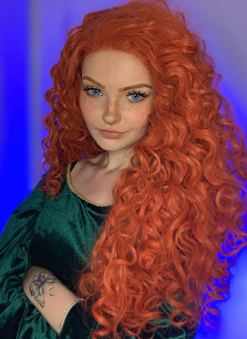 Disney Brave Merida Cosplay Long Spiral Curly Reddish Orange Lace Front Synthetic Hair Wig LF663J