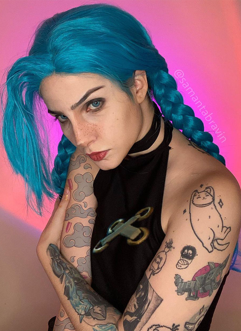 League of Legends LOL Jinx Long Wavy Turquoise Blue Lace Front Synthetic Hair Wig LW714A