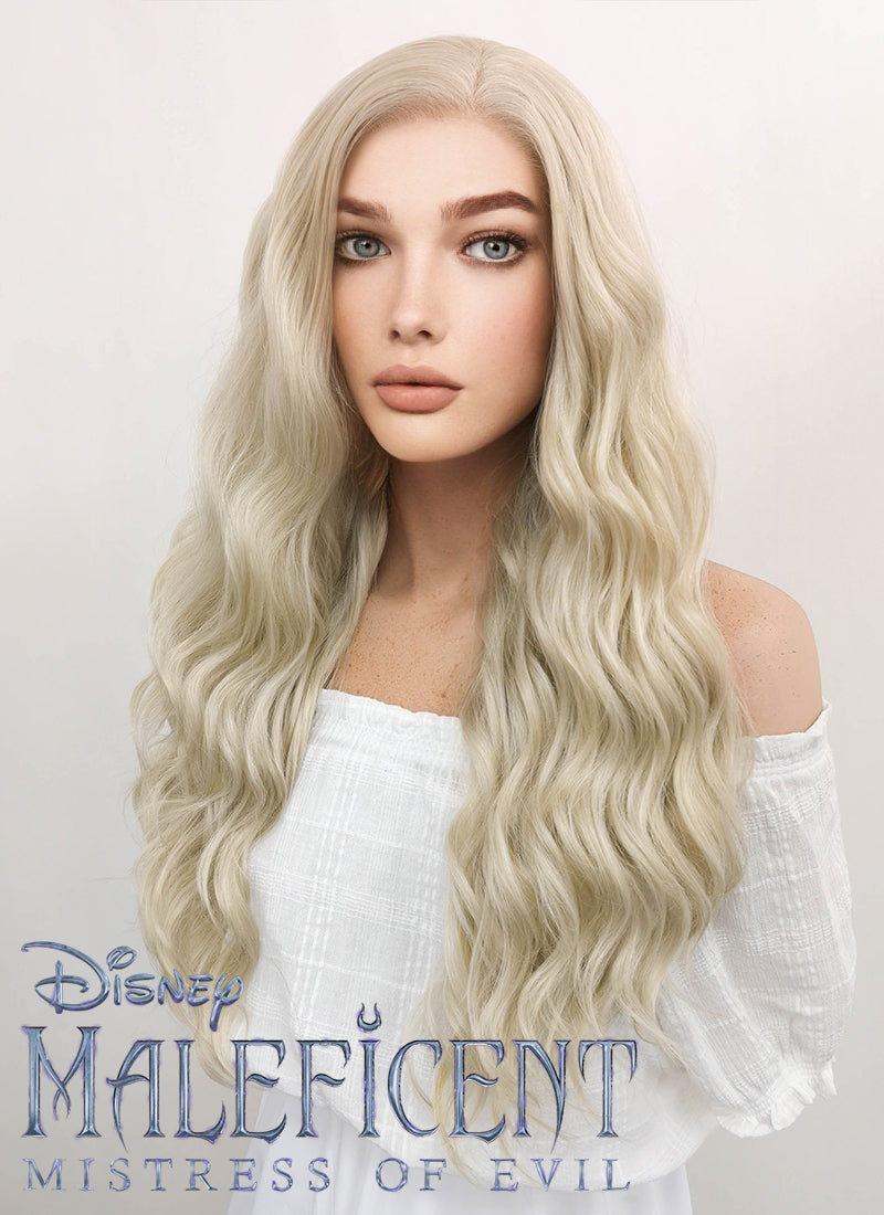 Disney Maleficent: Mistress of Evil Aurora Long Curly Light Ash Blonde Lace Front Synthetic Hair Wig LF101