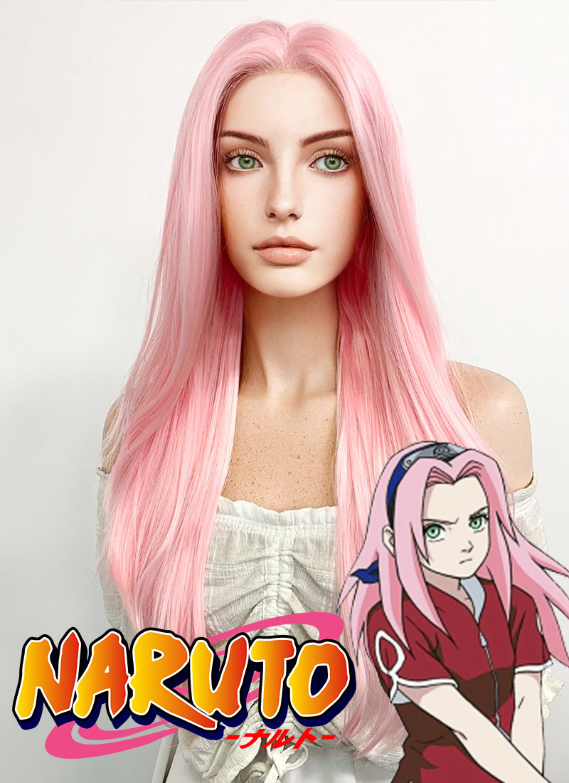 Naruto Haruno Sakura Long Straight Pink Pastel Lace Front Synthetic Hair Wig LF026A