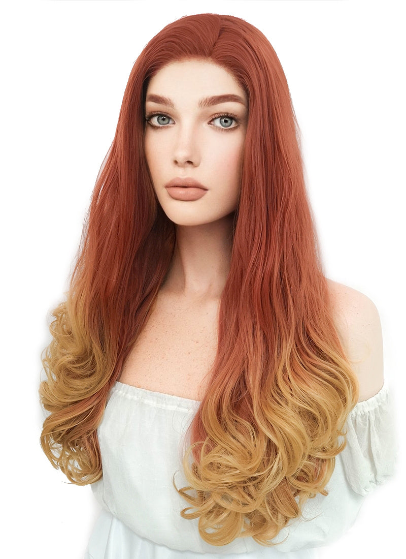 Long Wavy Reddish Orange Mixed Yellow Blonde Lace Front Synthetic Hair Wig LF085H