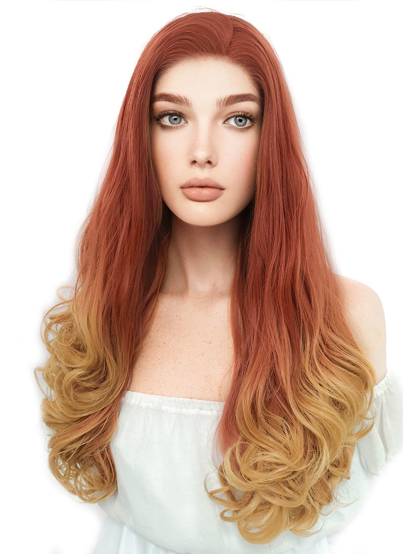 Long Wavy Reddish Orange Mixed Yellow Blonde Lace Front Synthetic Hair Wig LF085H