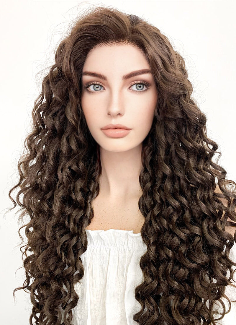 Long Spiral Dark Mixed Brown Lace Front Synthetic Hair Wig LF169