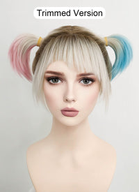 Birds of Prey Harley Quinn Wavy Blonde Pink Blue Ponytail With Brown Roots Lace Front Synthetic Wig LF1744