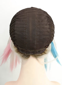 Birds of Prey Harley Quinn Wavy Blonde Pink Blue Ponytail With Brown Roots Lace Front Synthetic Wig LF1744