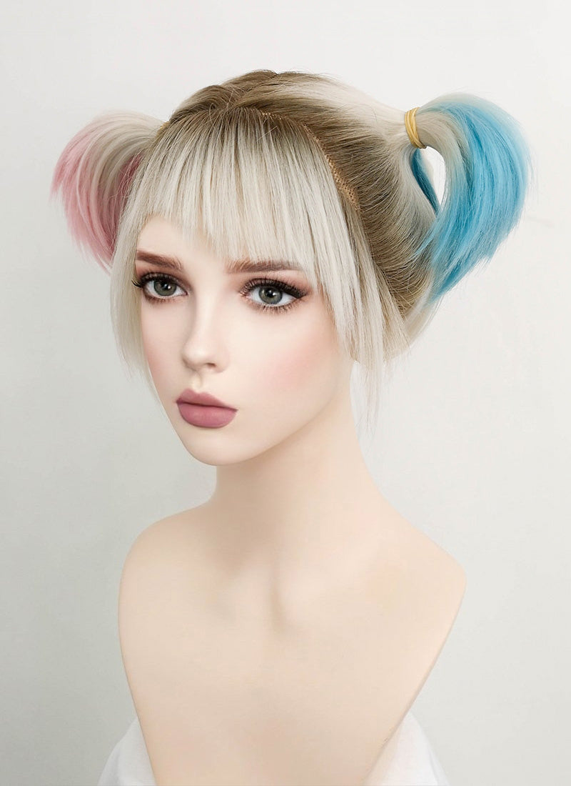 Birds of Prey Harley Quinn Wavy Blonde Pink Blue Ponytail With Brown Roots Lace Front Synthetic Wig LF1744