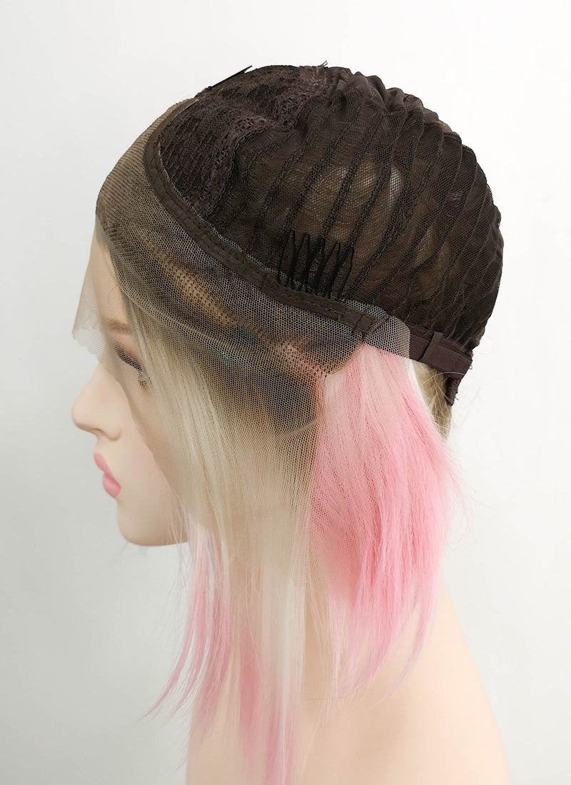 Birds of Prey Harley Quinn Wavy Blonde Pink Blue Ponytail With Brown Roots Lace Front Synthetic Wig LF1744
