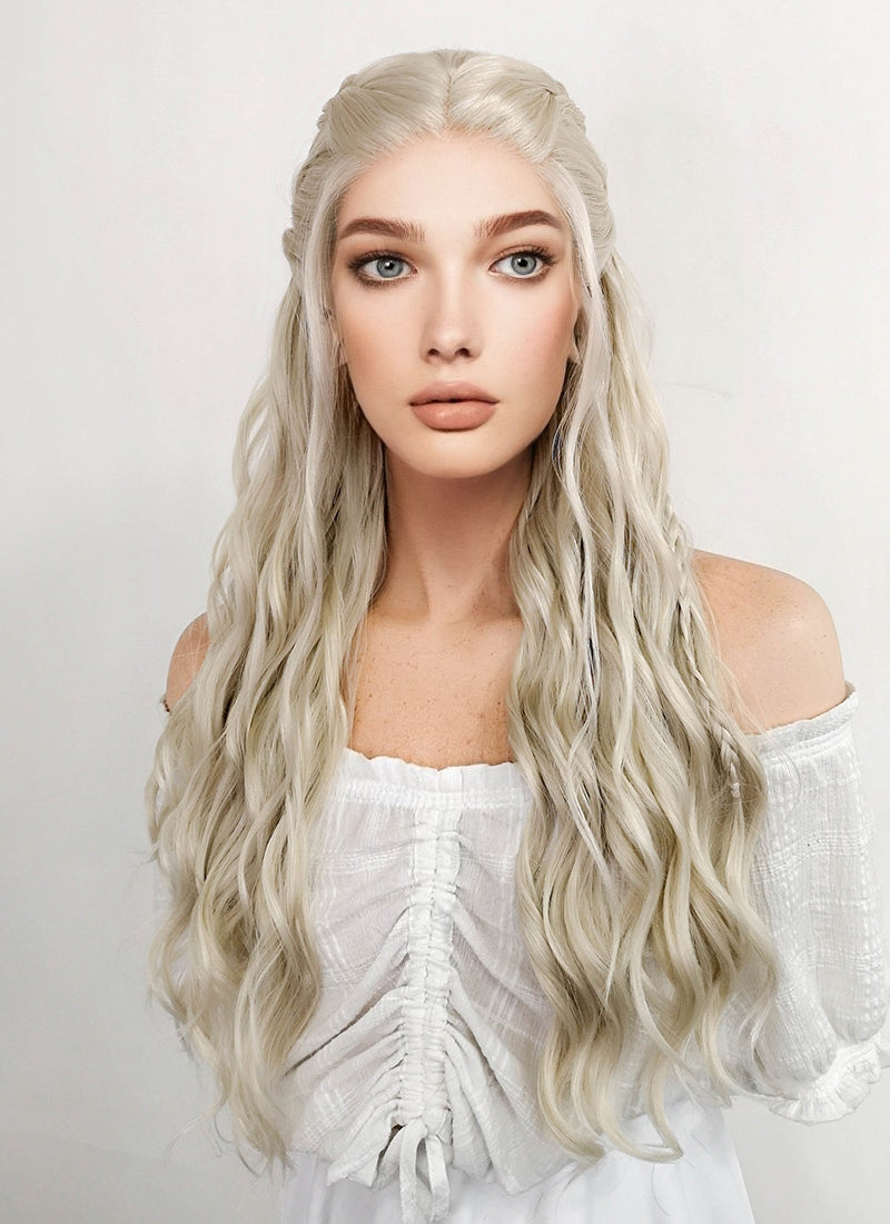 Game of Thrones Daenerys Targaryen Long Curly Light Ash Blonde Braided Lace Front Synthetic Wig LF2017