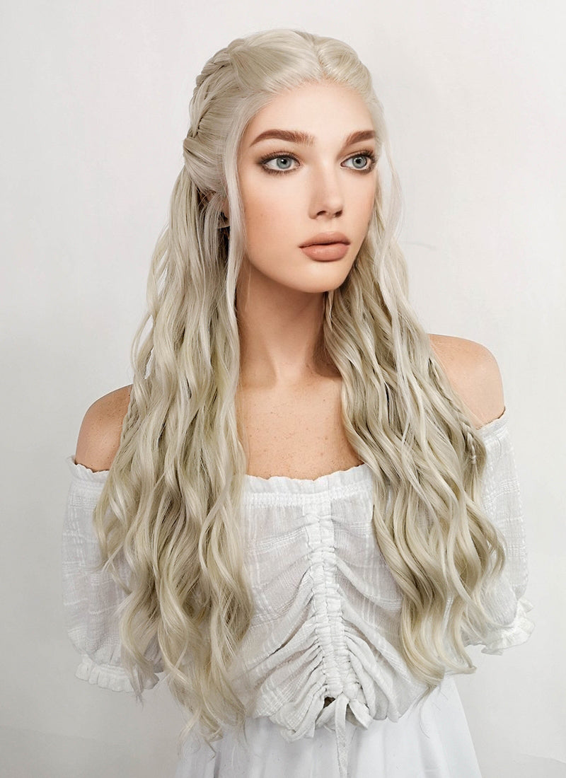 Game of Thrones Daenerys Targaryen Long Curly Light Ash Blonde Braided Lace Front Synthetic Wig LF2017