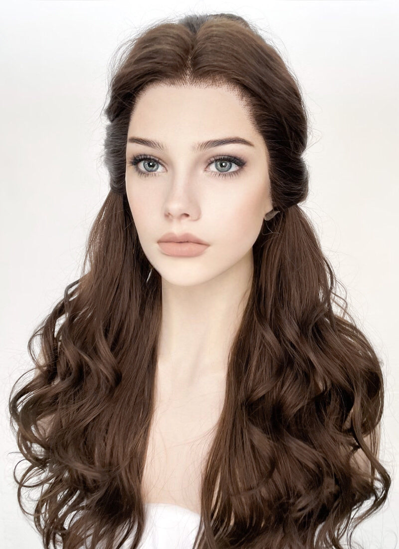 Disney Beauty and the Beast Belle Long Wavy Dark Brown Braided Lace Front Synthetic Hair Wig LF2028