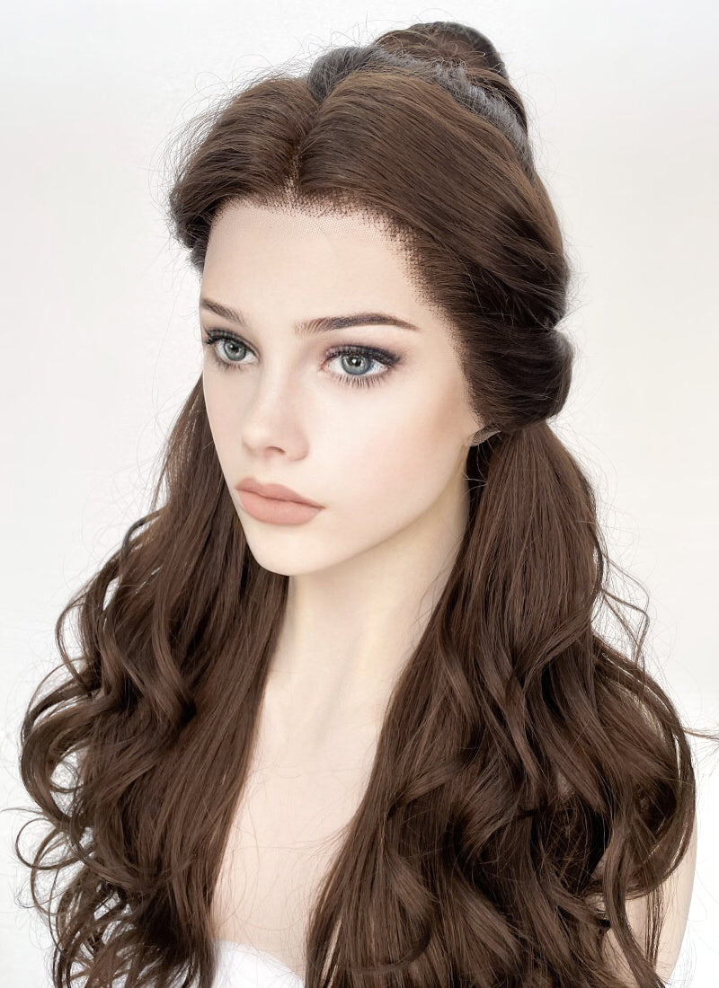 Disney Beauty and the Beast Belle Long Wavy Dark Brown Braided Lace Front Synthetic Hair Wig LF2028