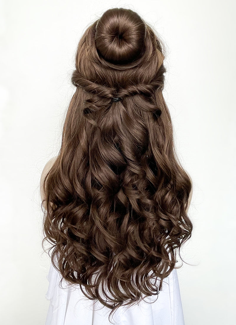 Disney Beauty and the Beast Belle Long Wavy Dark Brown Braided Lace Front Synthetic Hair Wig LF2028