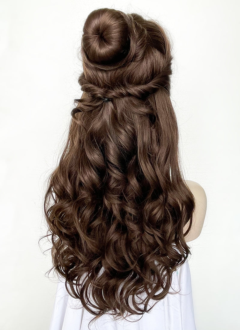 Disney Beauty and the Beast Belle Long Wavy Dark Brown Braided Lace Front Synthetic Hair Wig LF2028