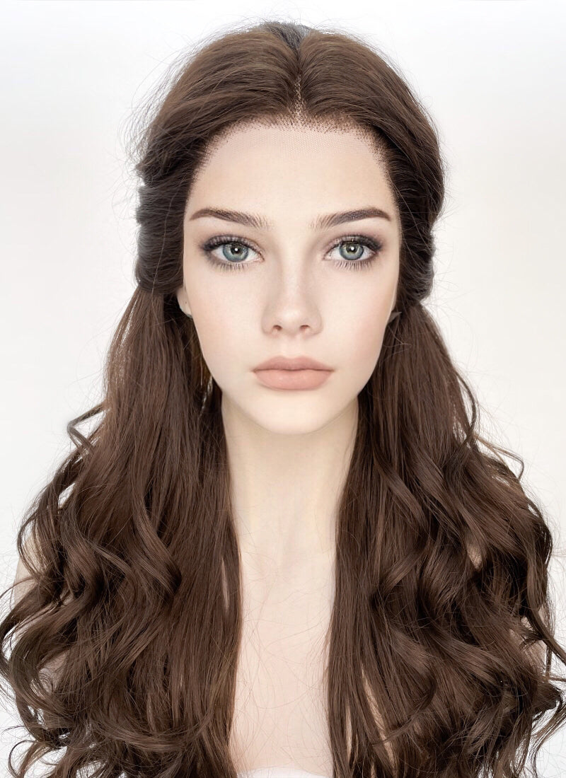 Disney Beauty and the Beast Belle Long Wavy Dark Brown Braided Lace Front Synthetic Hair Wig LF2028