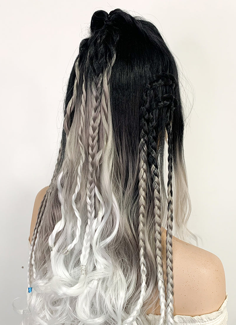 Critical Role Yasha Nydoorin Black Grey White Ombre Braided Lace Front Synthetic Wig LF2121