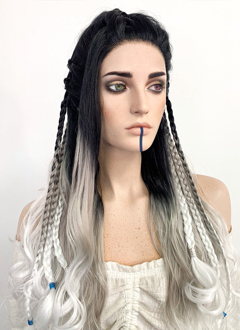 Critical Role Yasha Nydoorin Black Grey White Ombre Braided Lace Front Synthetic Wig LF2121