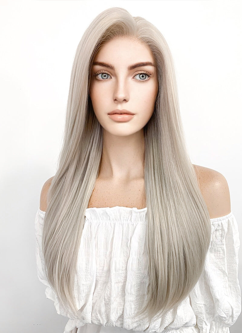 Long Straight Blondish Grey Lace Front Synthetic Hair Wig LF238