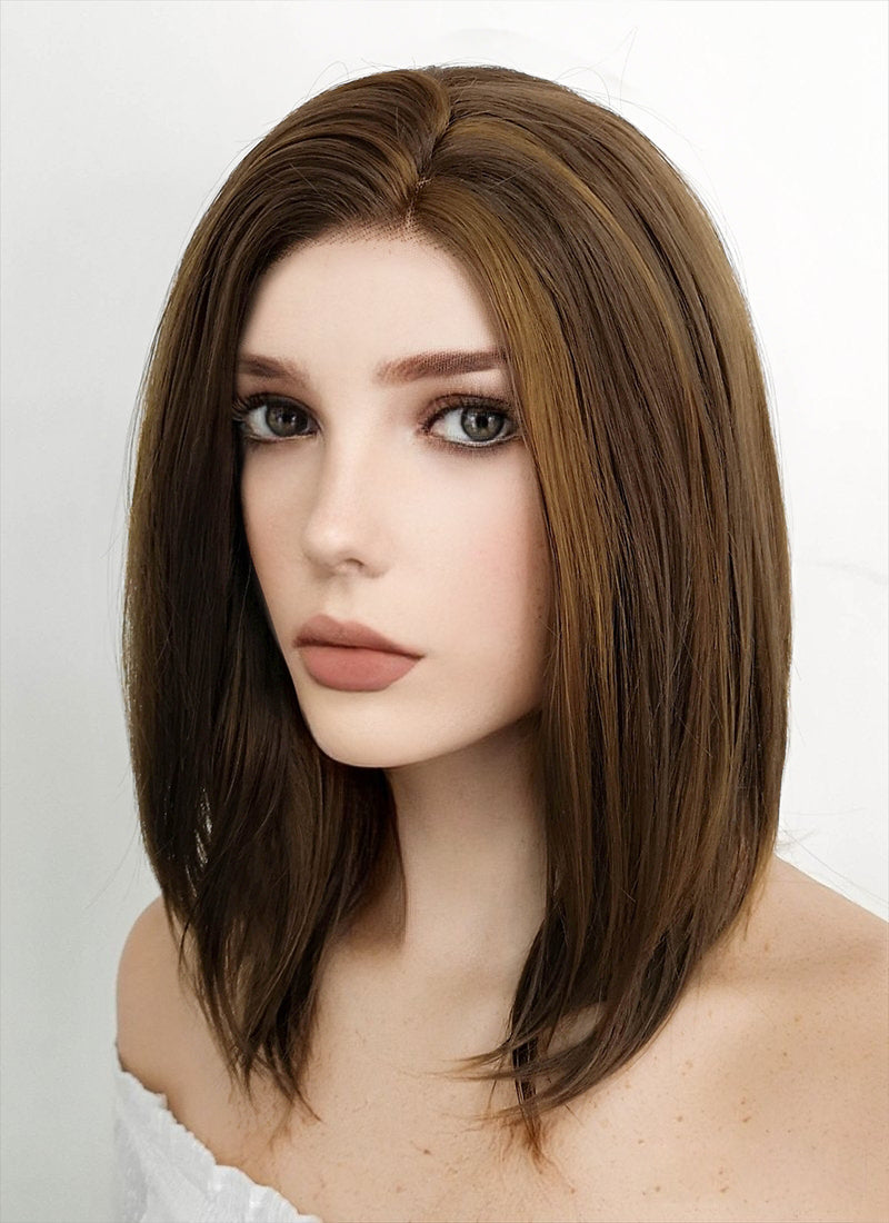 Medium Straight Dark Brown Mixed Chestnut Brown Lace Front Synthetic Hair Wig LF268